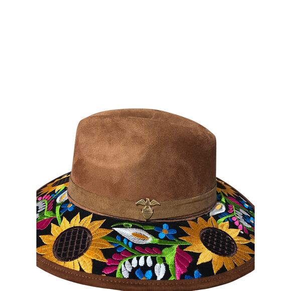 Sunflower Embroidered Brown Suede Felt Fedora Cowboy Artisanal Hat - Picture 2 of 6